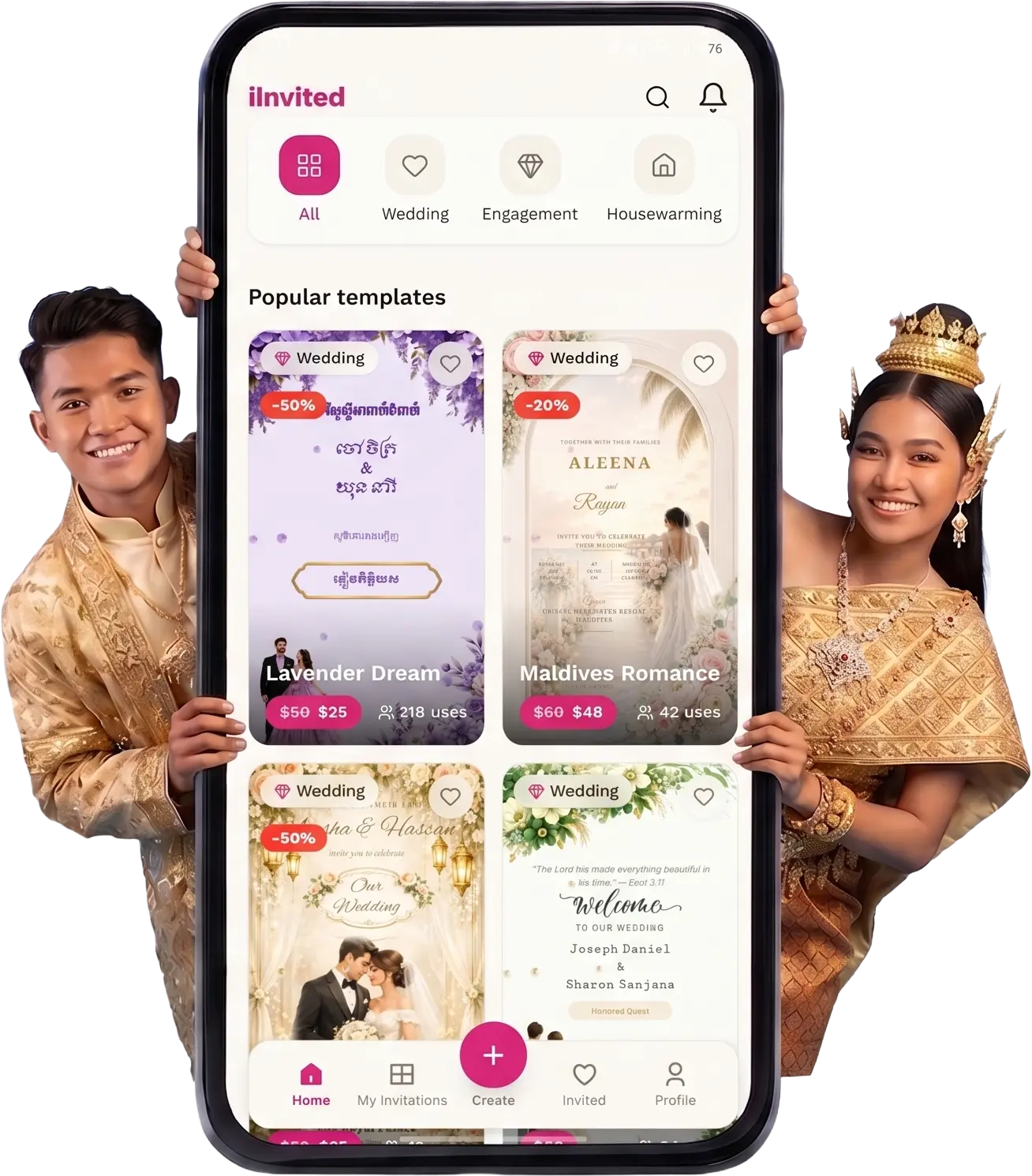Couple in traditional Khmer wedding attire holding a phone showing the iInvited app's gallery of invitation templates